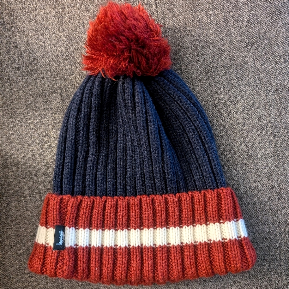 Stüssy Knit Beanie Toque Winter Hat - Navy Blue, Burgundy, White Stripe (Unisex)